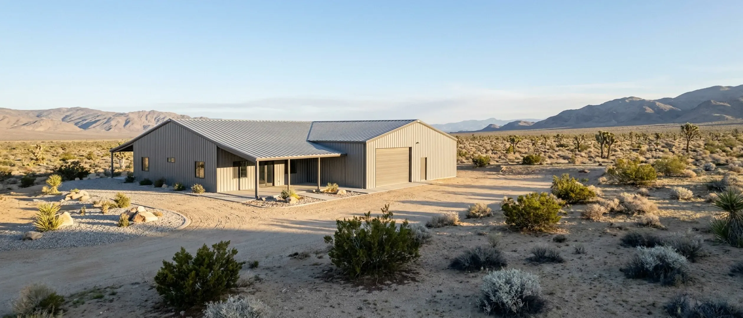 A completed barndominium with a covered entry porch and an attached shop bay on a broad desert valley under a clear sky.