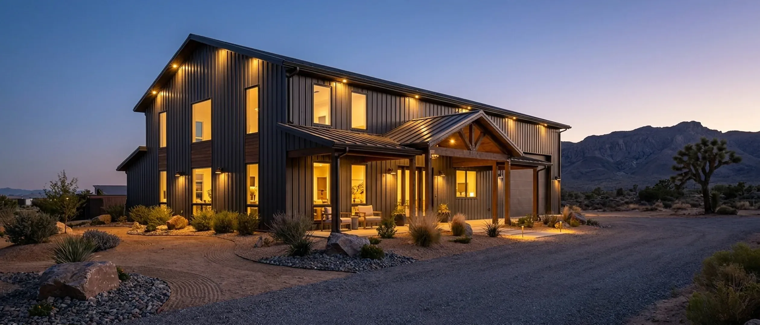 A barndominium at dusk with warm light glowing from every window and along the porch and roofline, set against a bare desert mountain ridge.
