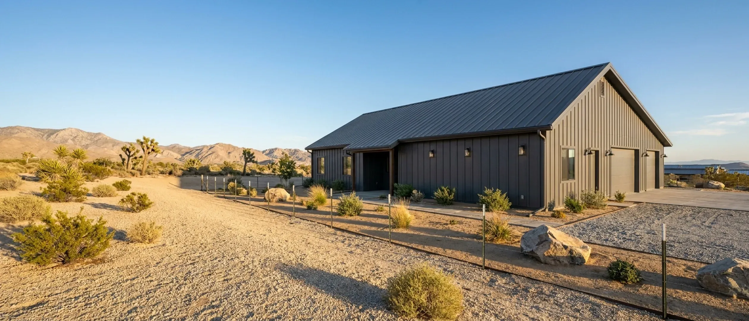 A completed barndominium viewed from a low angle showing its standing seam metal roof, vertical wall panels, gutters and exterior wall lights.