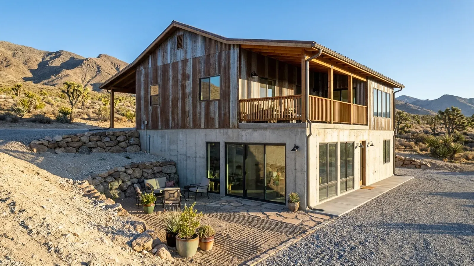 A barndominium with a walkout basement built into a sloping desert lot, the lower level opening onto a patio at grade.