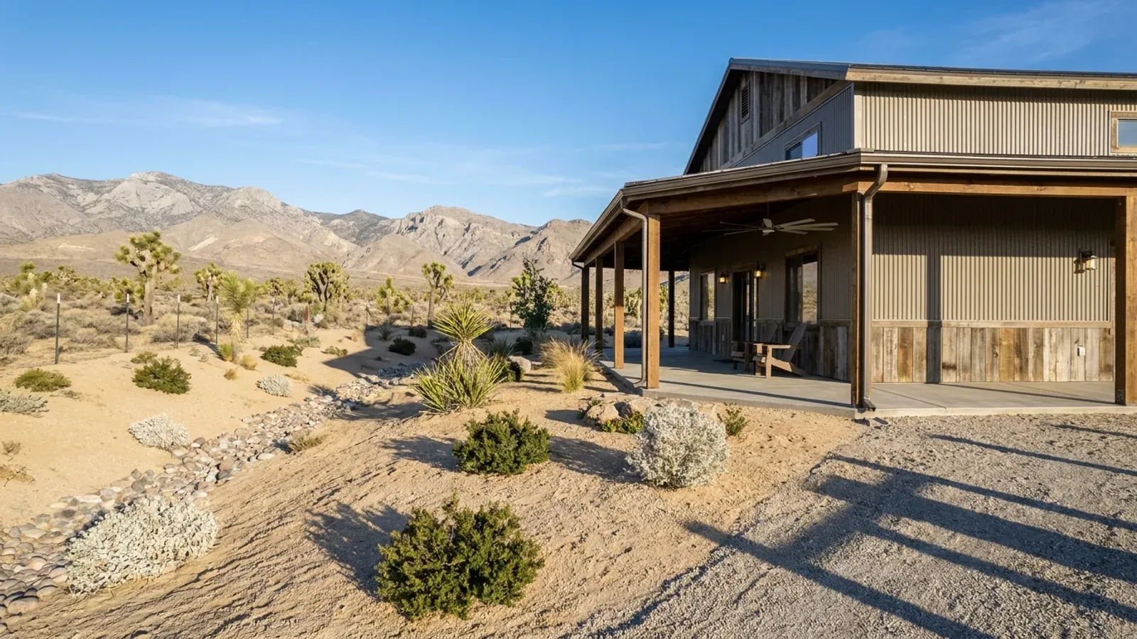 A barndominium exterior showing a deep, shaded wrap-around covered porch with posts and railing along two sides of the building.