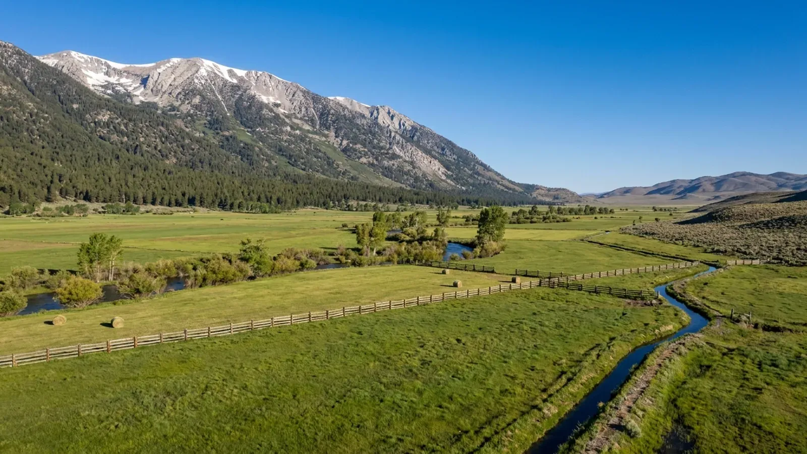 Flat, green irrigated hay meadows and a cottonwood-lined river below the abrupt, snow-topped eastern wall of a steep forested mountain range.