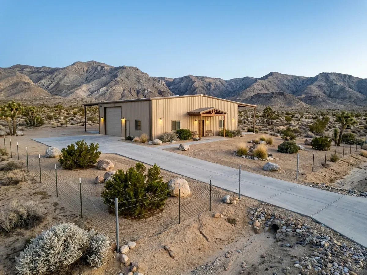 A completed barndominium home viewed from the front corner, with desert landscaping, a covered entry porch and an attached shop bay.