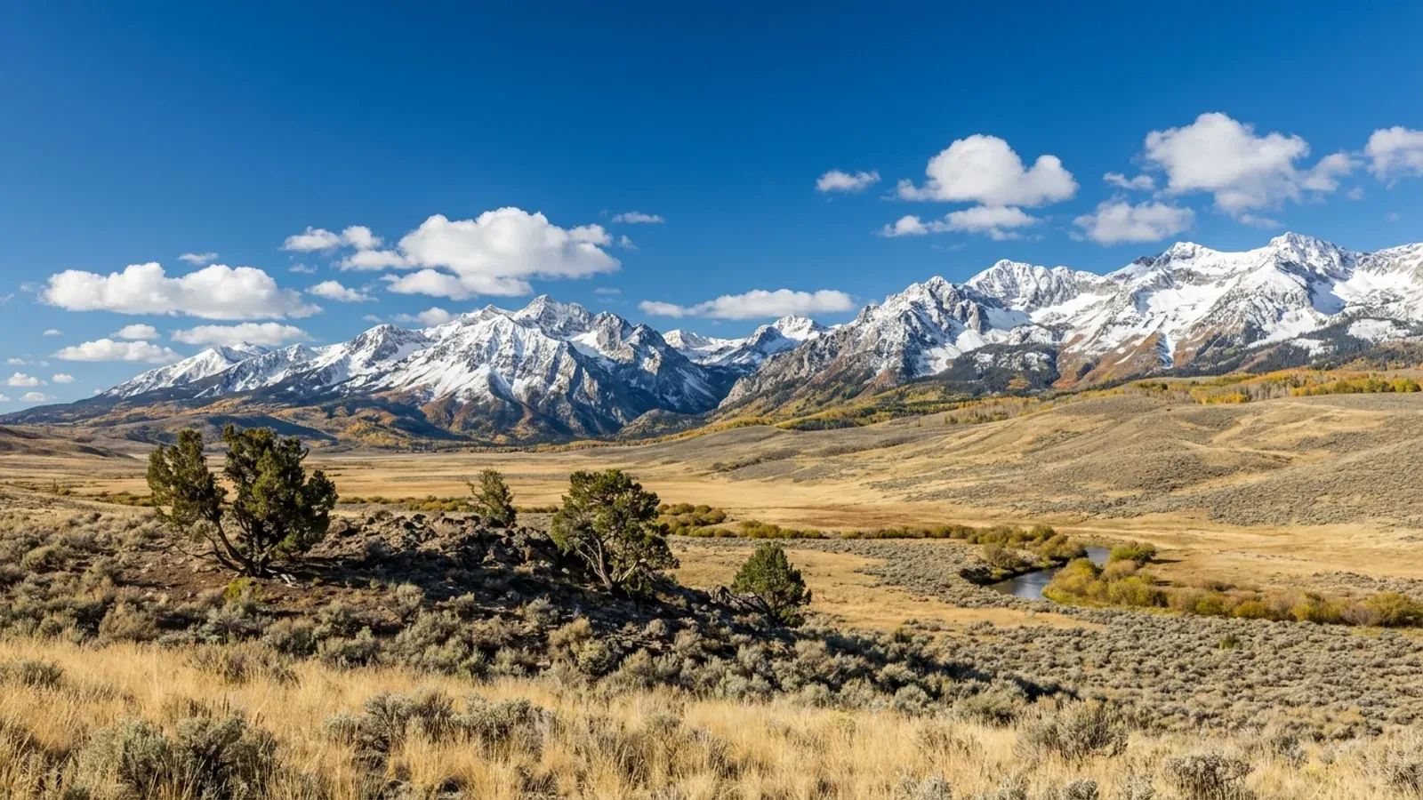 A wide sagebrush basin with a willow-lined creek below a rugged, snow-streaked mountain range with glacially carved peaks and canyons.