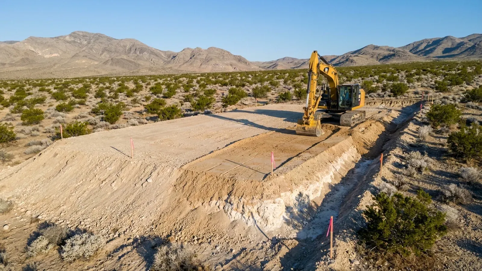 An excavator grading a compacted building pad on a cleared desert lot, with survey stakes and a drainage swale along the uphill edge.