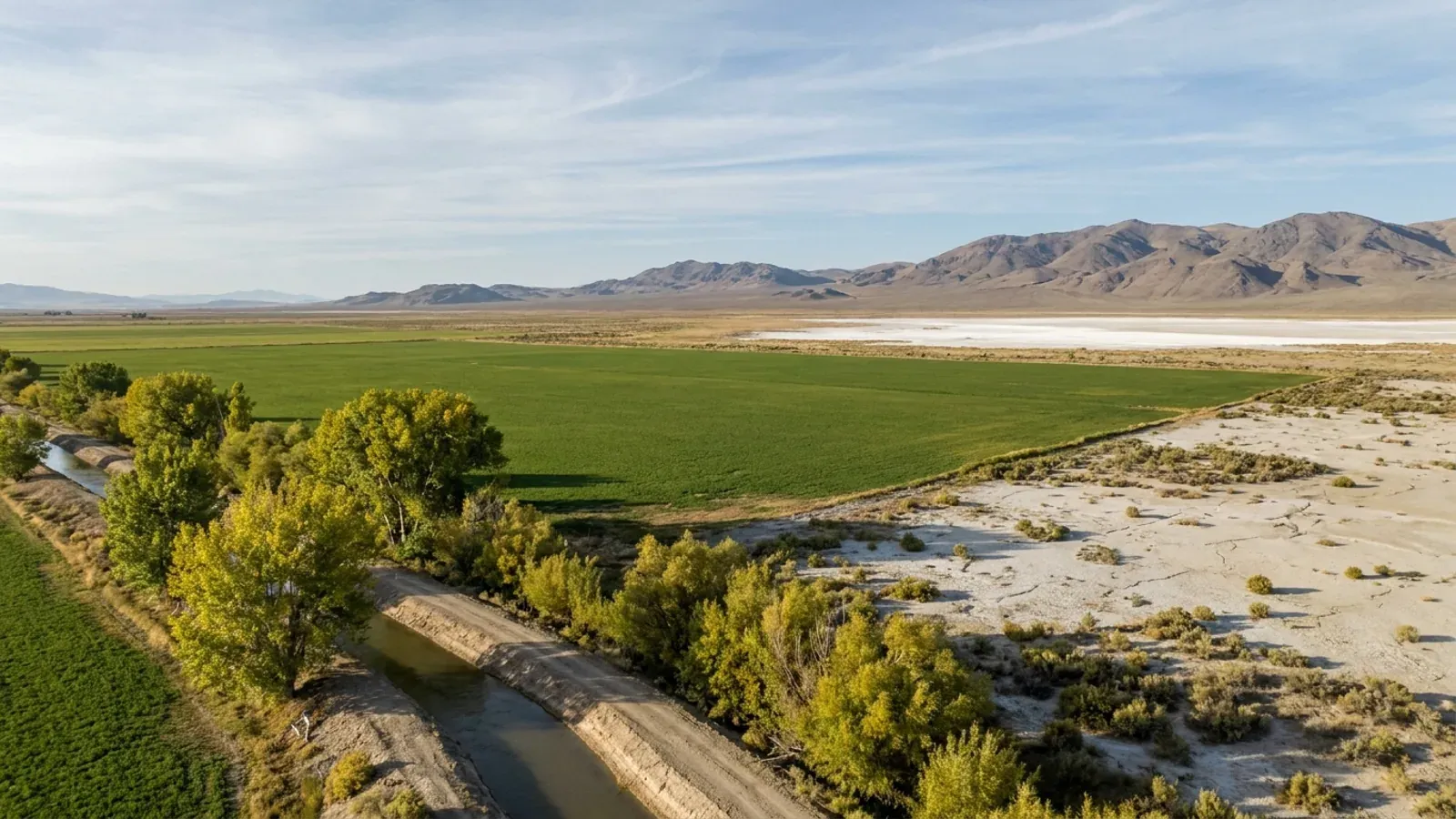 Flat green alfalfa fields beside a tree-lined irrigation canal, ending abruptly at pale alkali desert with low bare ranges on the horizon.