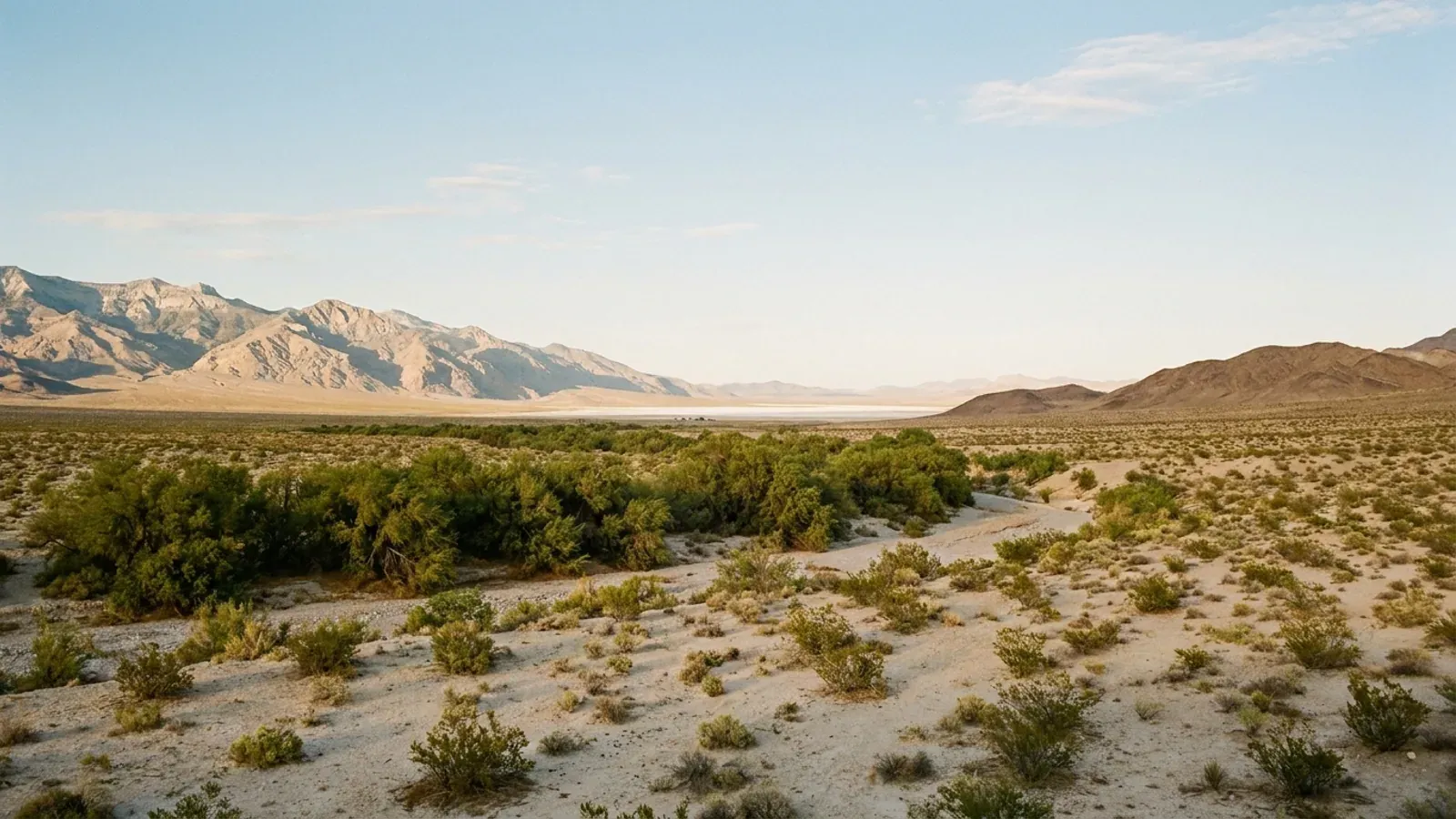 A wide, flat desert valley floor with creosote, saltbush and a clump of mesquite trees below a long bare mountain range.