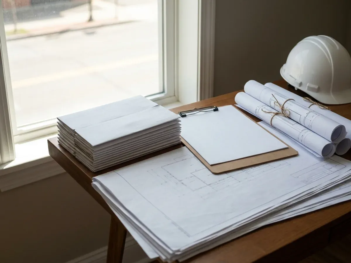 A building permit submittal package on a desk with rolled construction drawings, forms on a clipboard, and a hard hat.