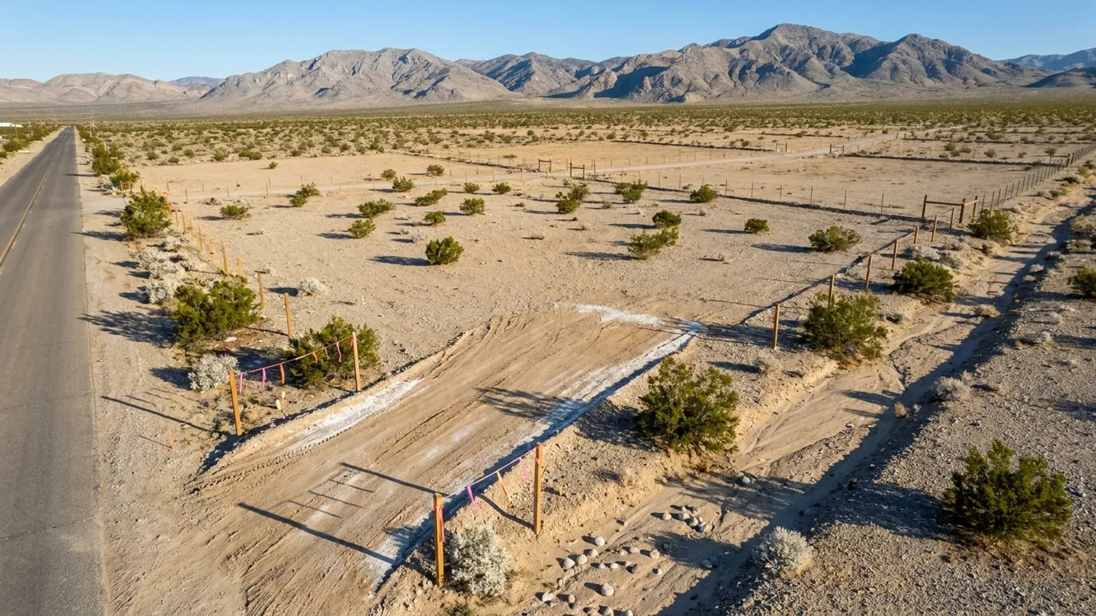 Aerial view of an undeveloped desert lot with scattered creosote bushes, a dirt access road and a dry wash, with bare mountains on the horizon.