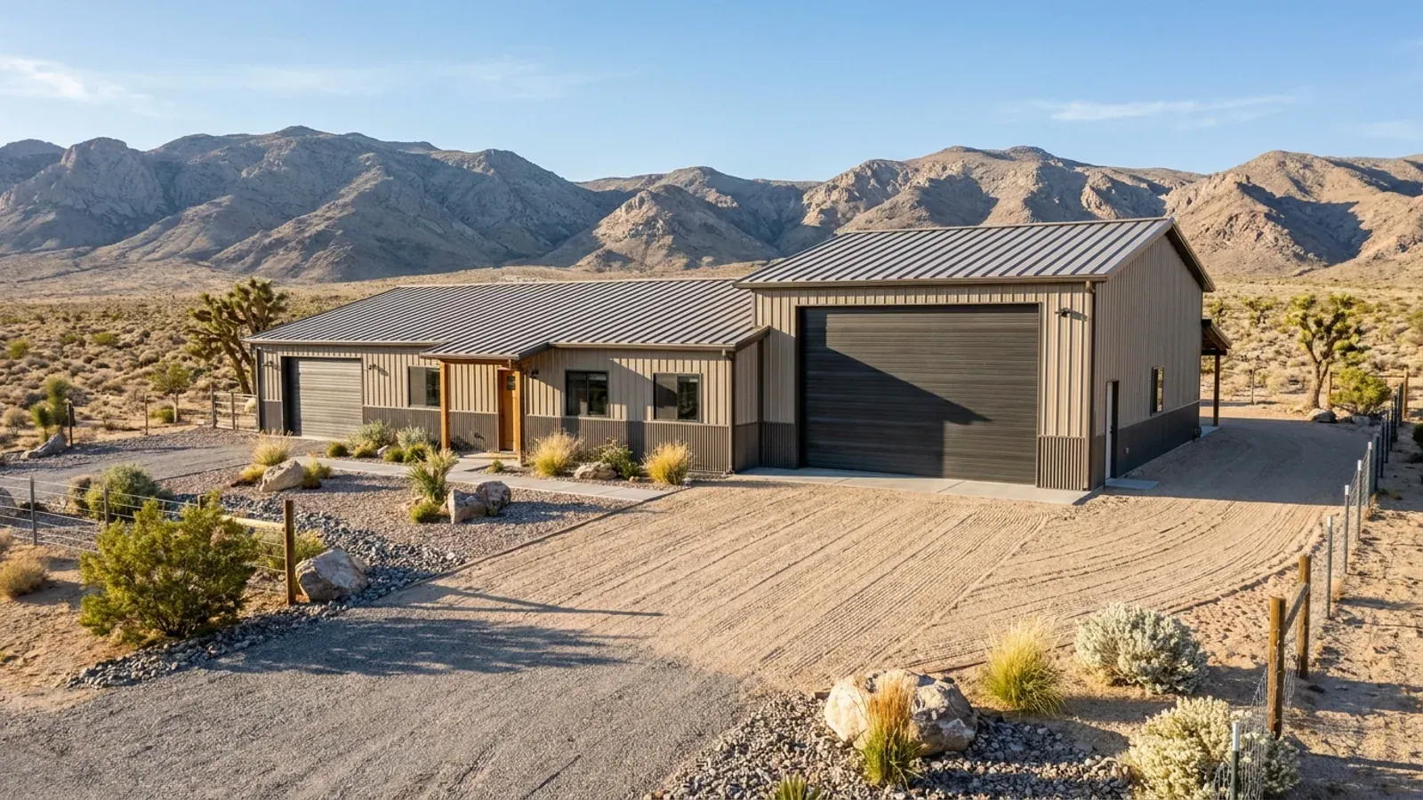A barndominium with a tall, deep RV garage bay attached to the residence under one continuous roof, with a wide gravel apron.