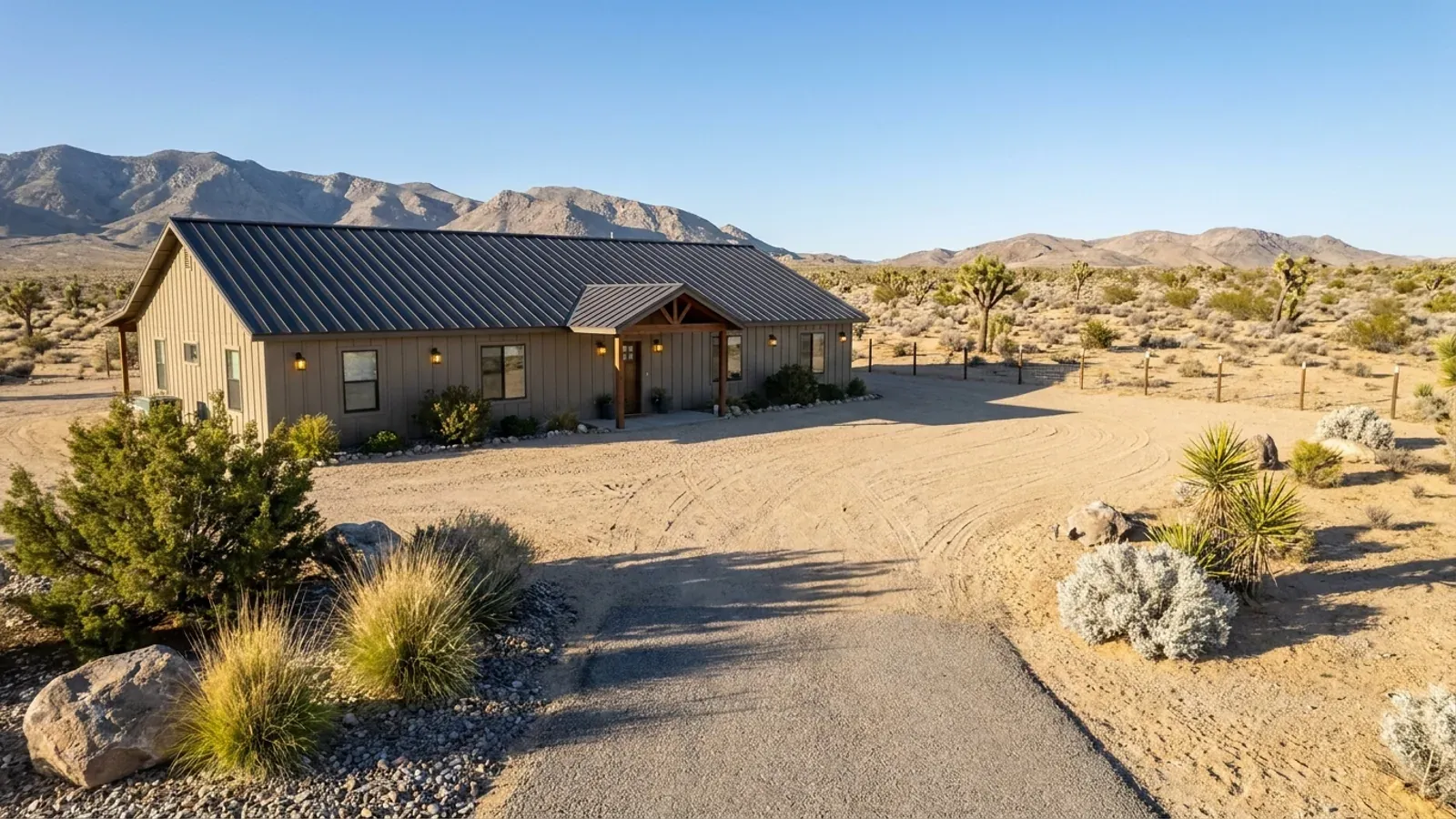 A completed single-story barndominium with a long, low roofline on an open desert lot.