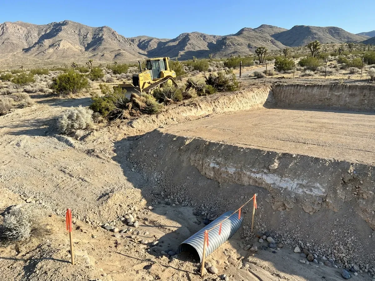 A dozer clearing desert scrub beside a compacted crushed-rock building pad, with pale caliche exposed in the cut and a culvert set where the drive crosses a dry wash.