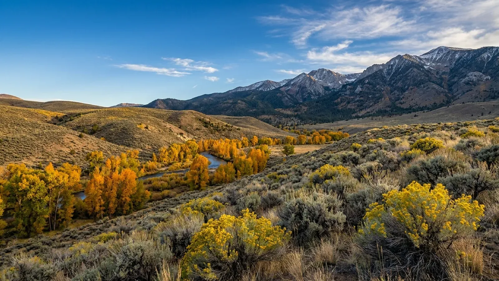 Sagebrush and rabbitbrush foothills above a cottonwood-lined river, with pine-forested mountains and snow-dusted granite peaks beyond.
